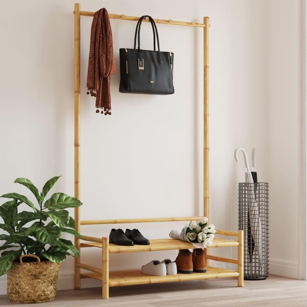 Clothes Rack, Natural Bamboo Compact Clothes Hanging Storage Organizer with Shelves, Entryway Garment Rack for Small Spaces, 15.7 x 40.6 x 72.0 in.