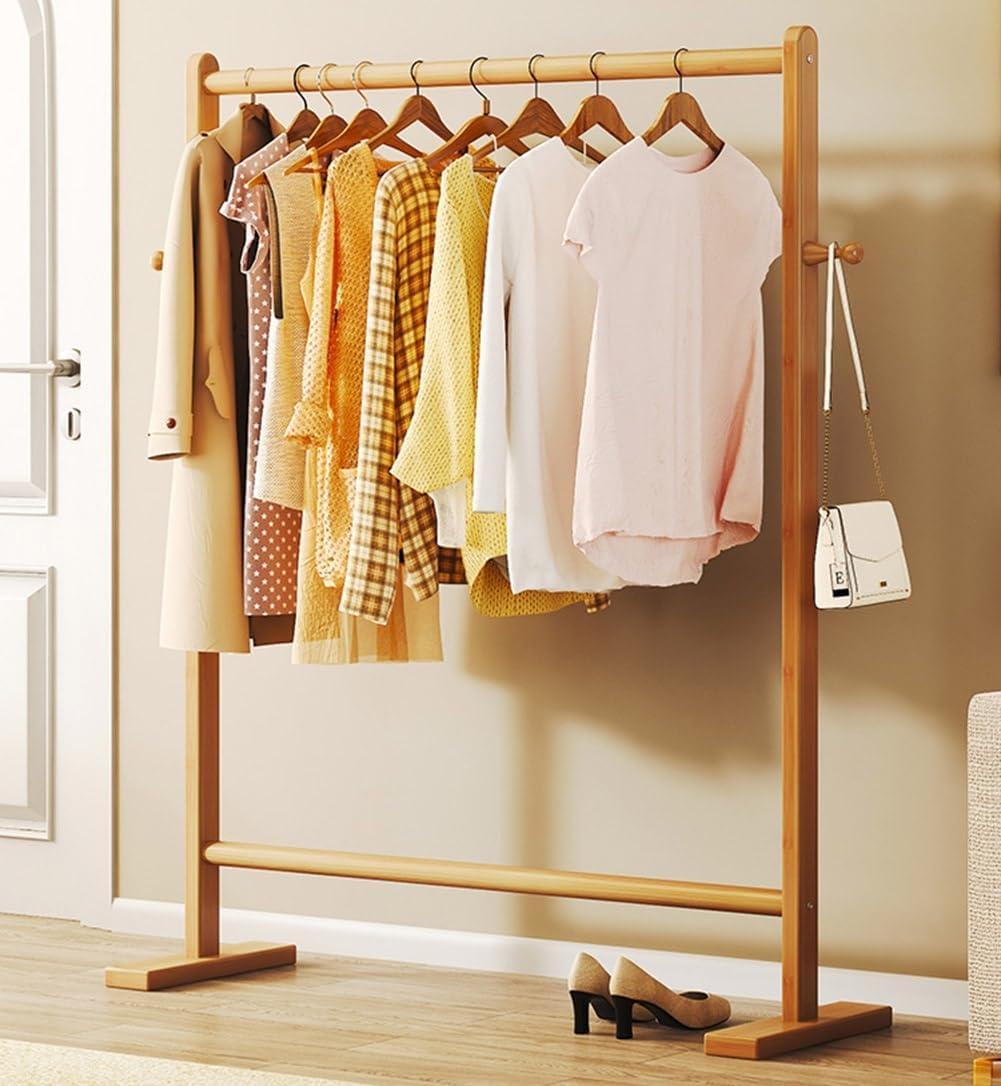 Bamboo Clothing Garment Rack with Side Hooks, Freestanding Clothes Rail for Hanging Clothes, Clothes Organizer for Bedroom, Laundry Room (Color : Natural, Size : 60x40x162cm)