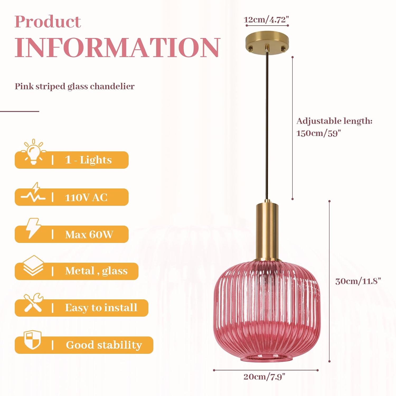 Glass Pendant Lamp Pink Pendant Light Kitchen Pendant Lighting Over Island Mid Century Modern Hanging Ceiling Light Gold Single Globe Chandelier Light Fixture for Dining Room Bedroom Hallway
