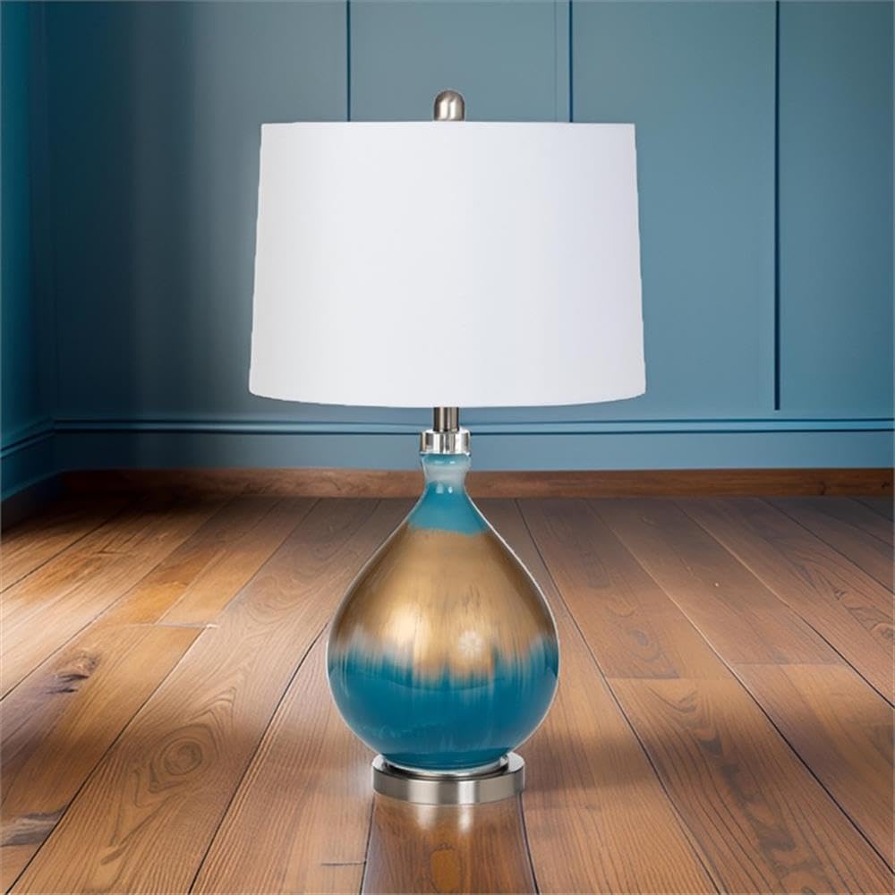 Pemberly Row 27 in Table Lamp Set, Gold/Blue Glass Base, Linen Hardback Shade, Transitional Style, 3-Way Switch, Max 100W Standard Bulb, Pack of 2 for Living Room, Bedroom, or Office Decor