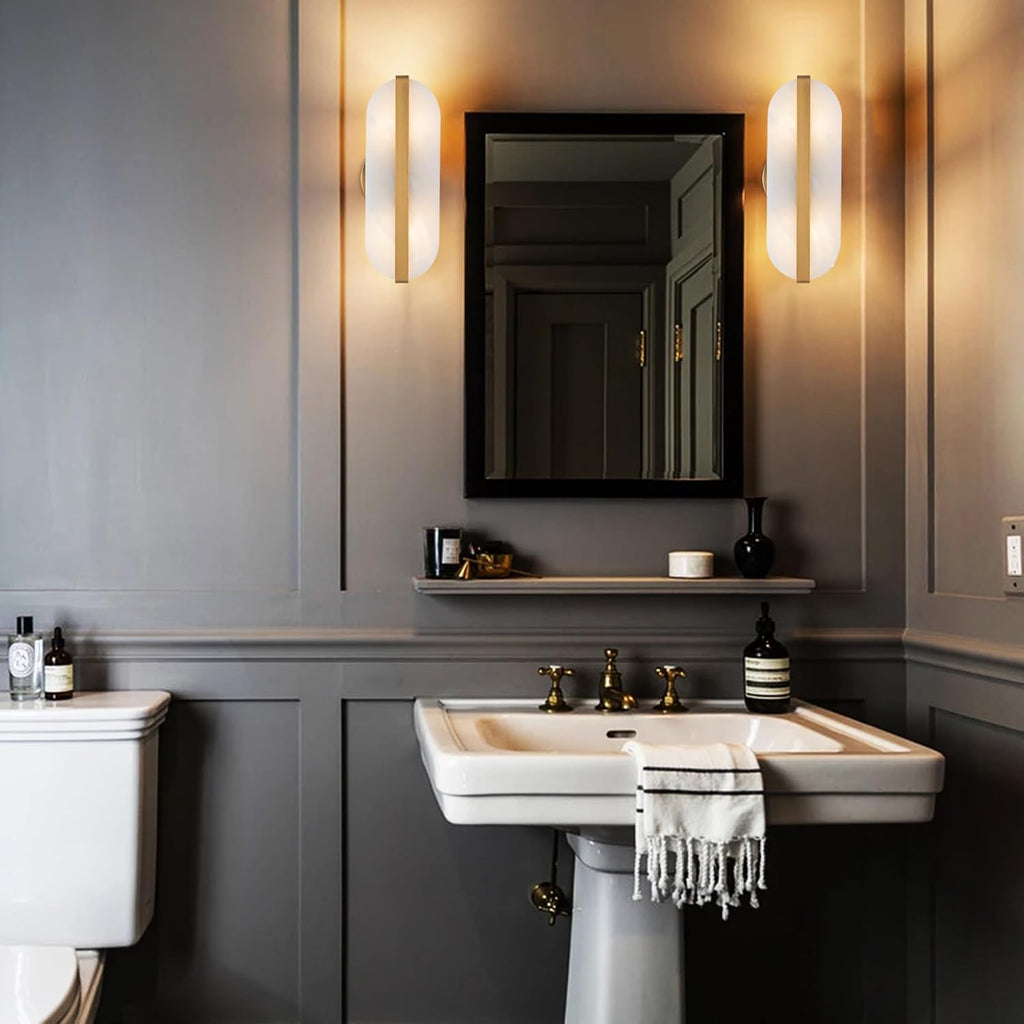 Natural Alabaster Wall Sconces Set of Two Marble Wall Sconces Gold Bathroom Vanity Wall Light Fixtures Modern Oval Stone Wall Lamp for Bedroom Living Room Hallway Restaurant Stairs