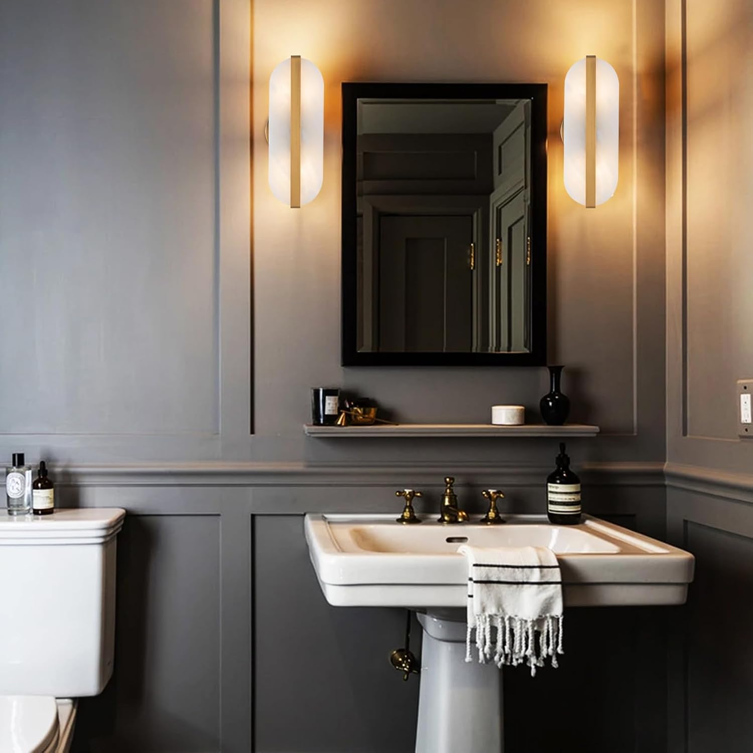 Natural Alabaster Wall Sconces Set of Two Marble Wall Sconces Gold Bathroom Vanity Wall Light Fixtures Modern Oval Stone Wall Lamp for Bedroom Living Room Hallway Restaurant Stairs
