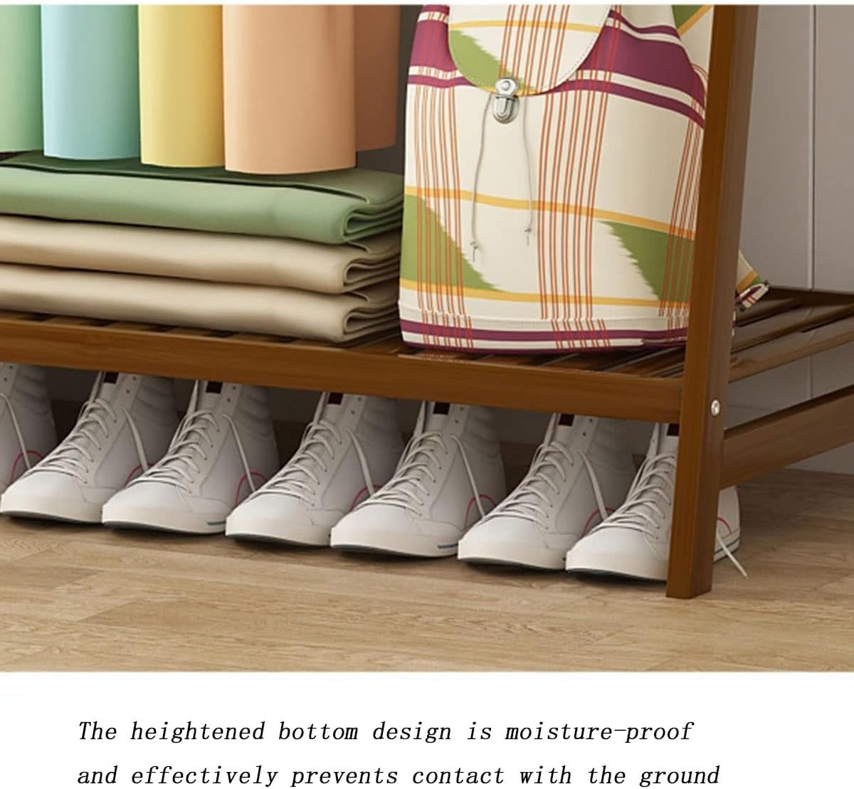Bamboo Clothes Hanging Rack with 2 Tier Storage Shelves and 2 Coat Hooks Portable Organizer Garment Rack for Bedroom Guest Room/Brown/100 * 42 * 140Cm (Primary Color 50*42*140Cm)