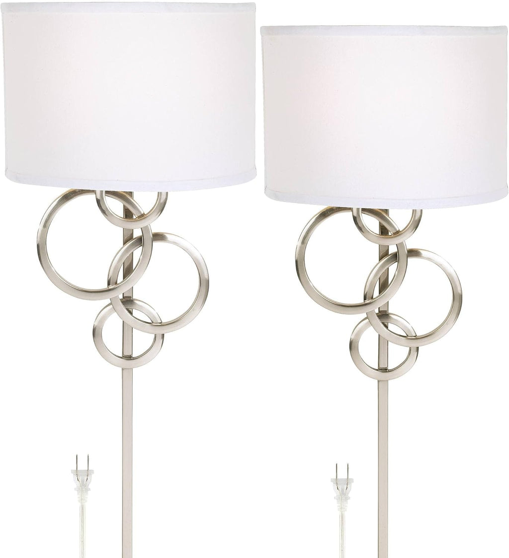 Possini Euro Design Circles Modern Wall Light Sconces Set of 2 Brushed Nickel Silver Metal Plug-in 12' Fixture Off-White Cotton Half Shade for Bedroom Bathroom Vanity Living Room Home Hallway House