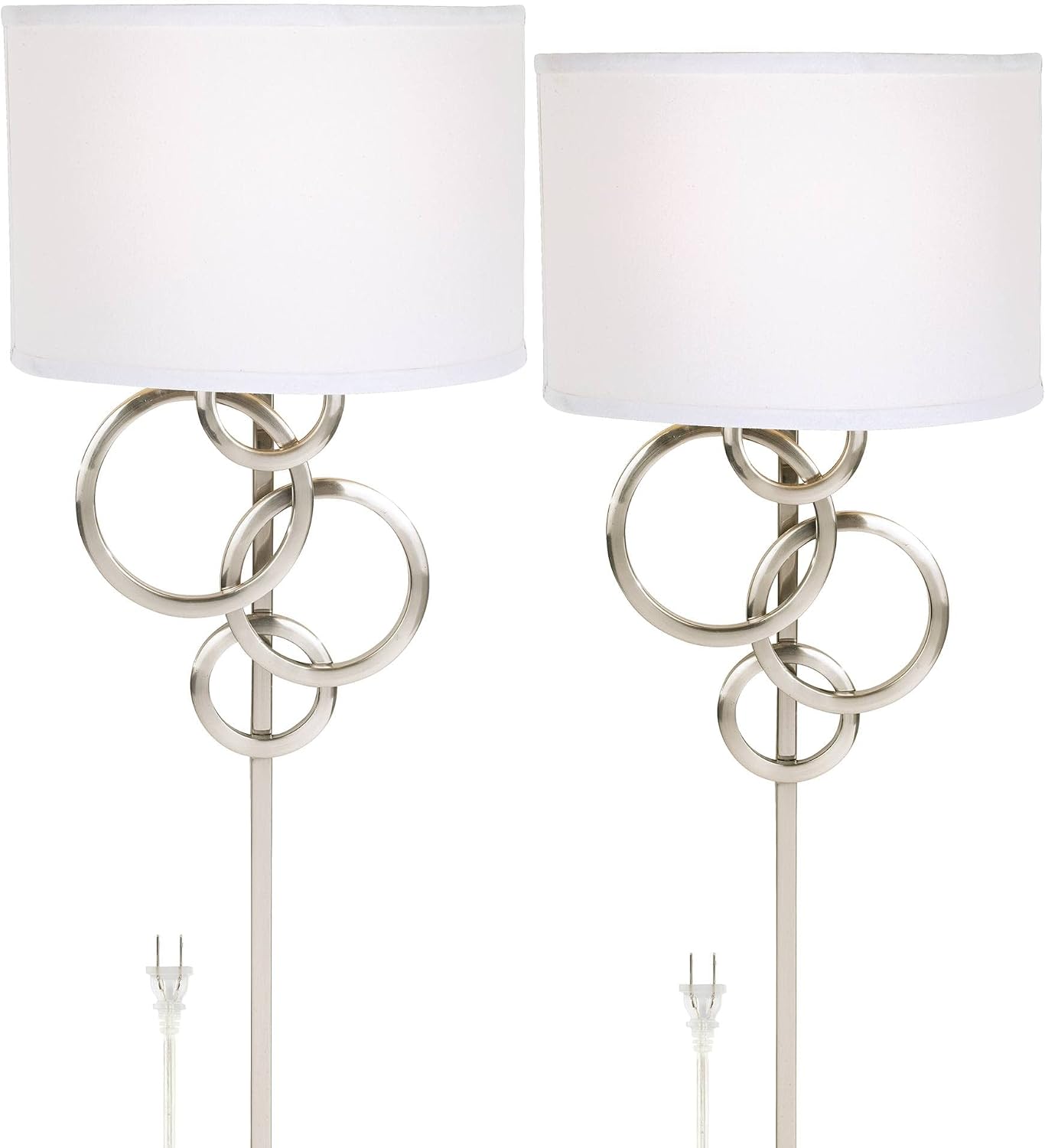 Possini Euro Design Circles Modern Wall Light Sconces Set of 2 Brushed Nickel Silver Metal Plug-in 12' Fixture Off-White Cotton Half Shade for Bedroom Bathroom Vanity Living Room Home Hallway House