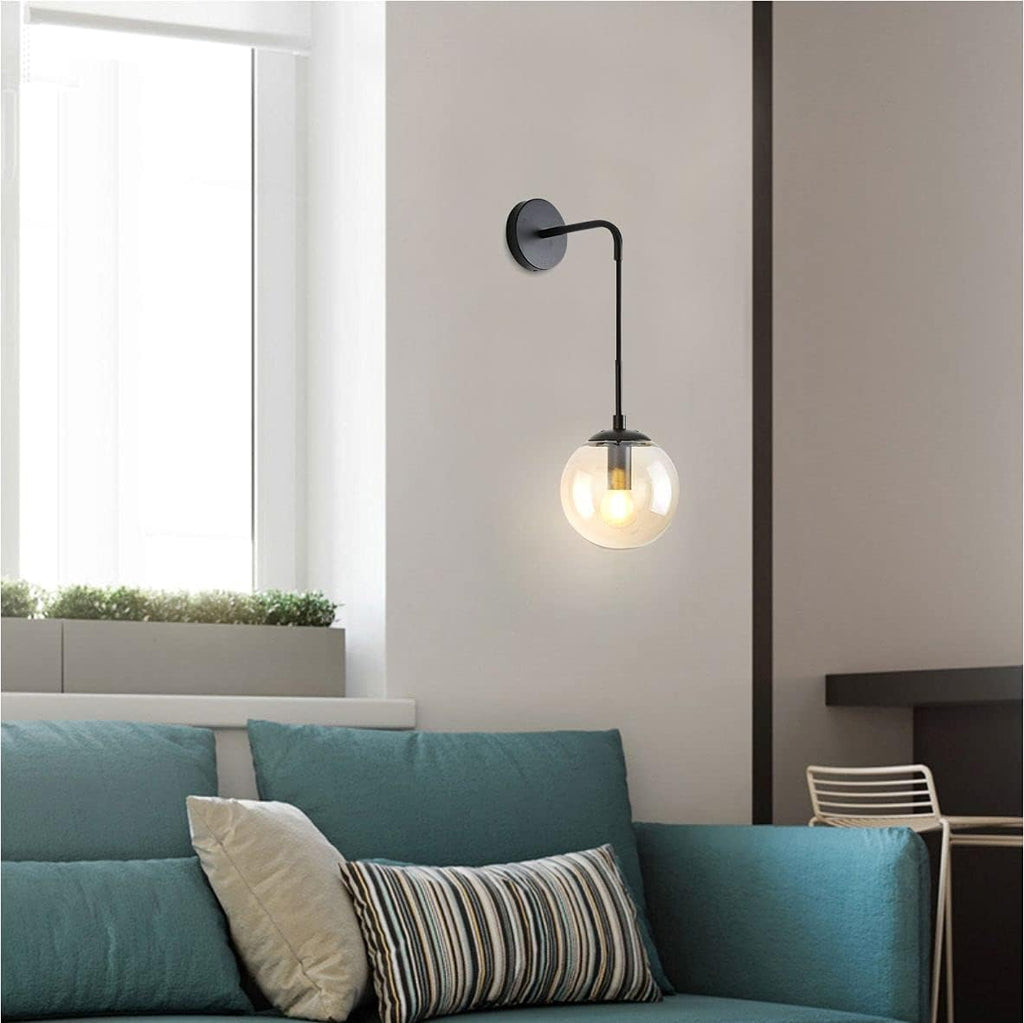 BOKT Matte Black Amber Glass Round Wall Sconce Light Set of Two Mid Century Modern Globe Bathroom Wall Sconce Lamp Set of 2 Farmhouse Industrial Adjustable Bar Wall Light Fixture (Amber)