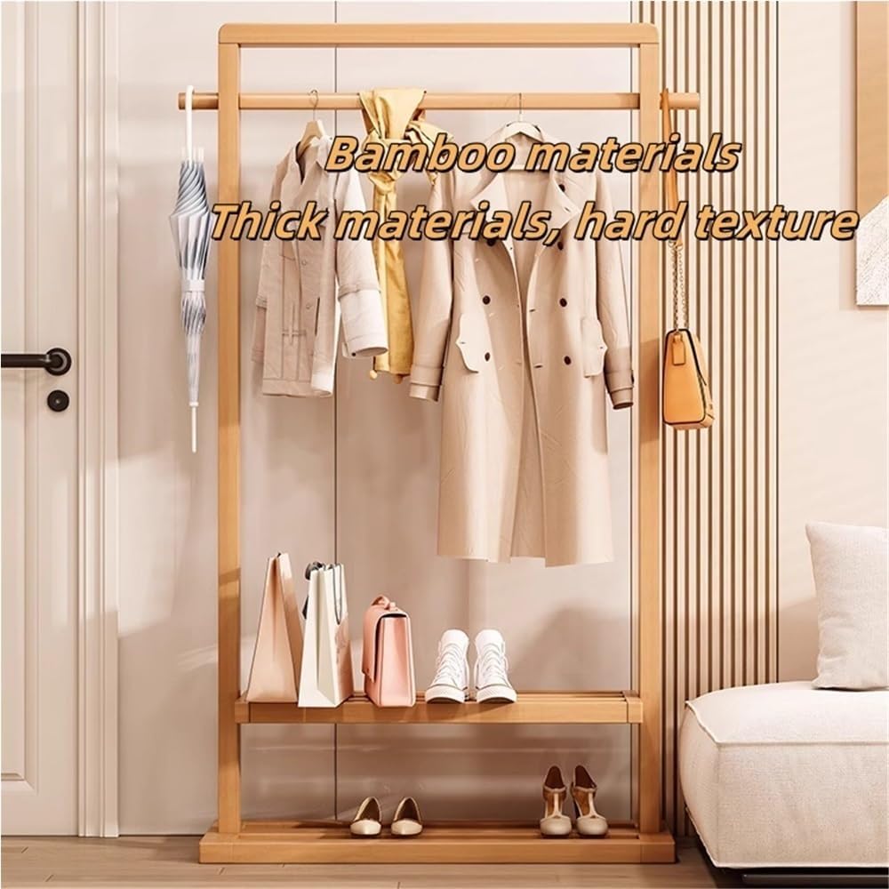 Bamboo Clothes Rack for Hanging Clothes, Freestanding Garment Rack with Double Shelves, Floor-Standing Clothing Organizer for Bedroom or Closet Storage(Brown,85cm-33.5in)