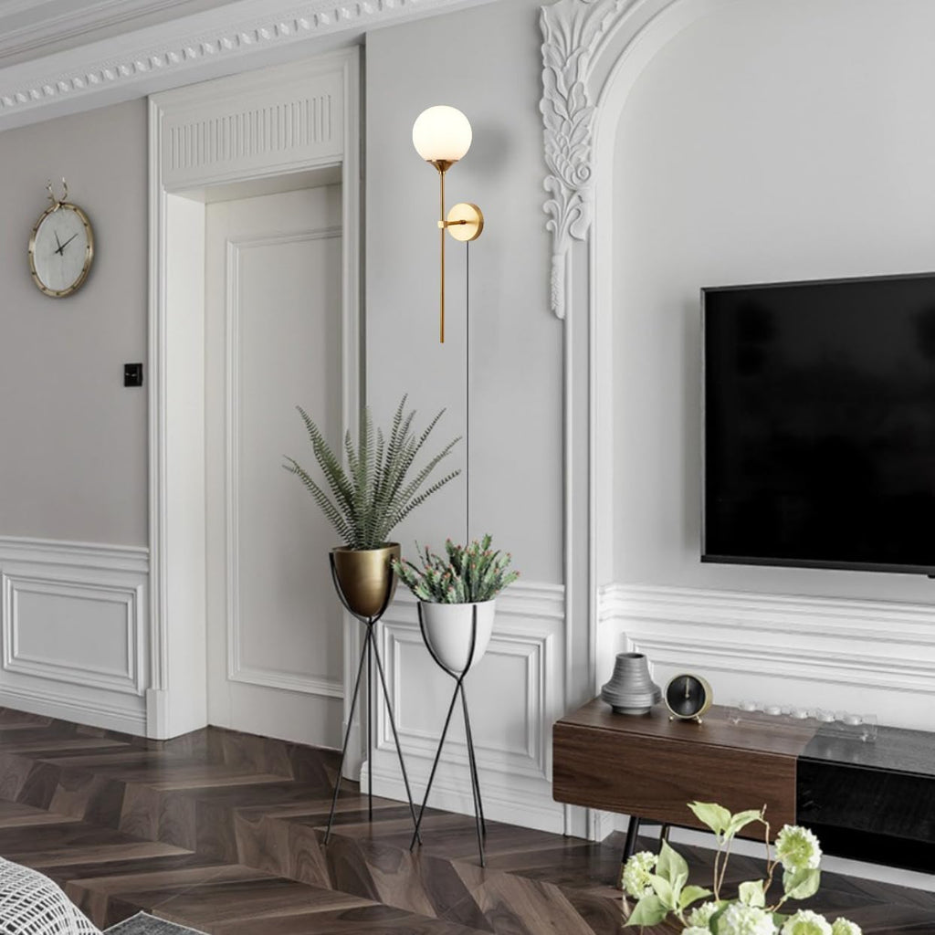 Glass Globe Plug in Wall Sconce Smoke Gray Shade Mid-Century Modern Wall Light Set of 3 Gold Long Wall Mounted Lamp for Bathroom Bedroom Living Room
