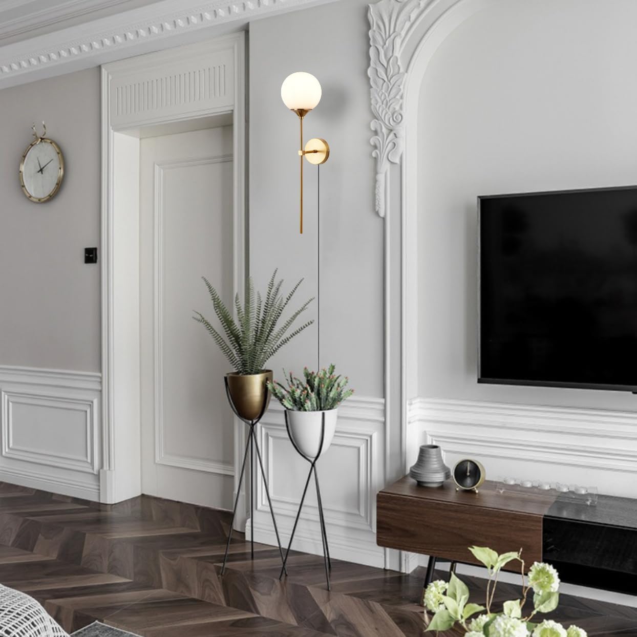 Glass Globe Plug in Wall Sconce Smoke Gray Shade Mid-Century Modern Wall Light Set of 3 Gold Long Wall Mounted Lamp for Bathroom Bedroom Living Room