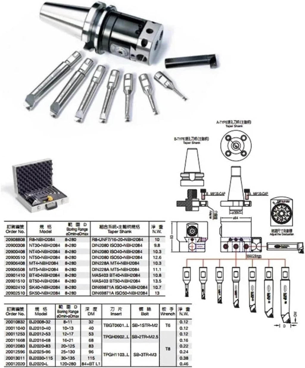 BT50-NBH2084 0.01 Run Tool with BT Shank NBH2084 Boring Heads with 8pcs Boring bar
