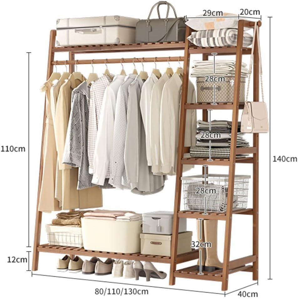 Bamboo Coat Rack with Top Shelf Hanging Rod Shoe Rack Freestanding Clothes Rail for Bedroom Hallway Storage.