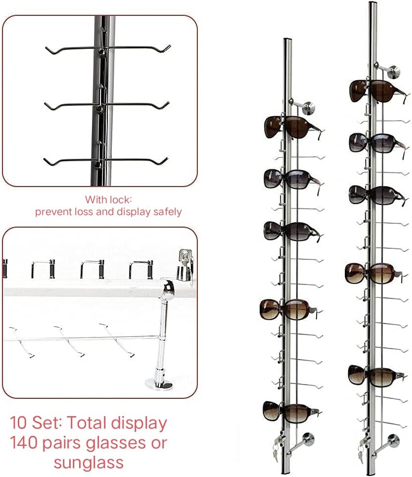 (with Lock)10 Set Retail Display for 140 Sunglass Glasses, Sunglasses Holder Rack, Sunglass Display Stan, Wall Eyewear Holder Eyeglass Rack Sunglass Organizer Eyeglasses Storage