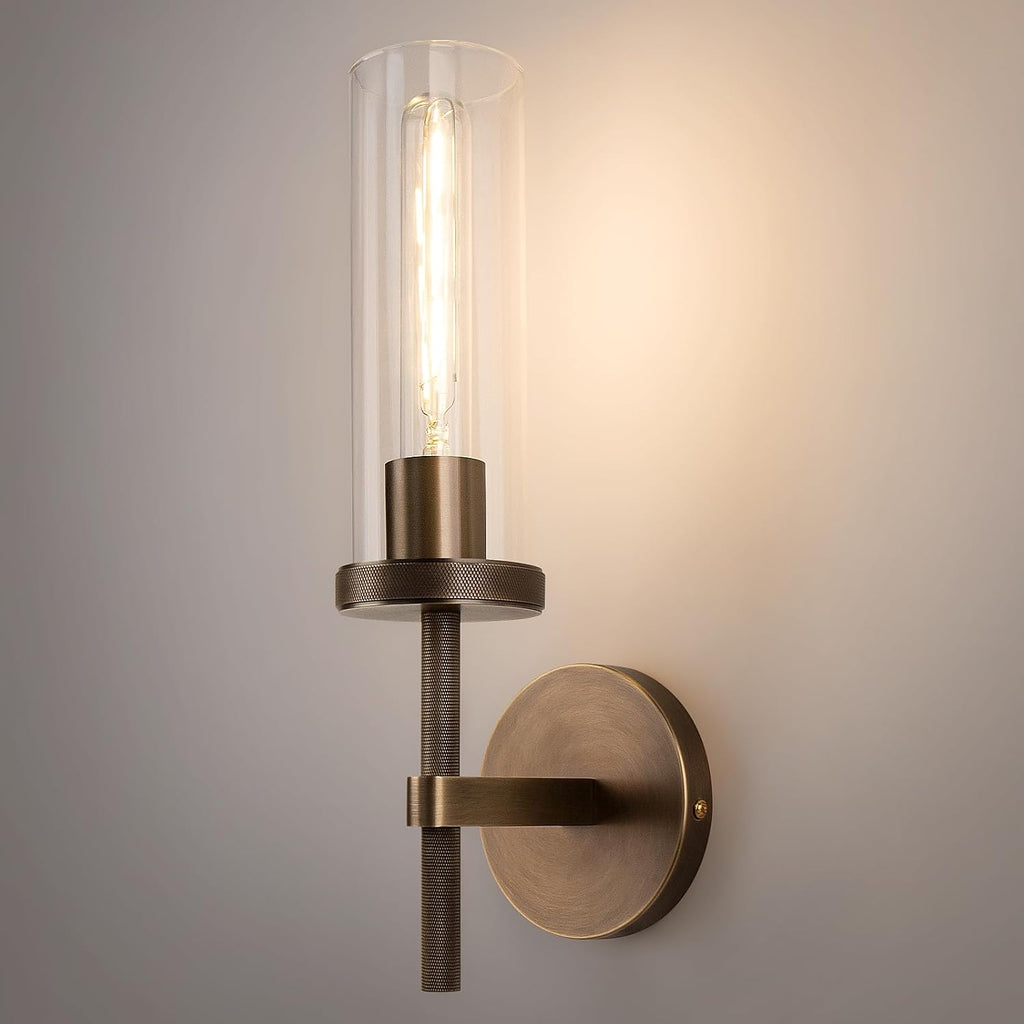 15' Knurled Brass Wall Sconce with Clear Glass Tube, Bronze Bathroom Vanity Light Fixtures, Modern Lamp Lighting for Bedroom, Living Room, Hallway, Staircase, Mirror, Kitchen