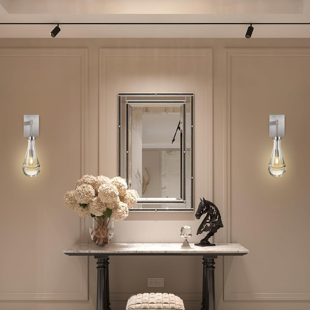 Wall Sconces Set of Two, Nickel Raindrop Sconces Wall Lighting Indoor Wall Lights for Bedroom, Nickel Bathroom Sconce, Wall Sconce Light for Living Room, Hallway