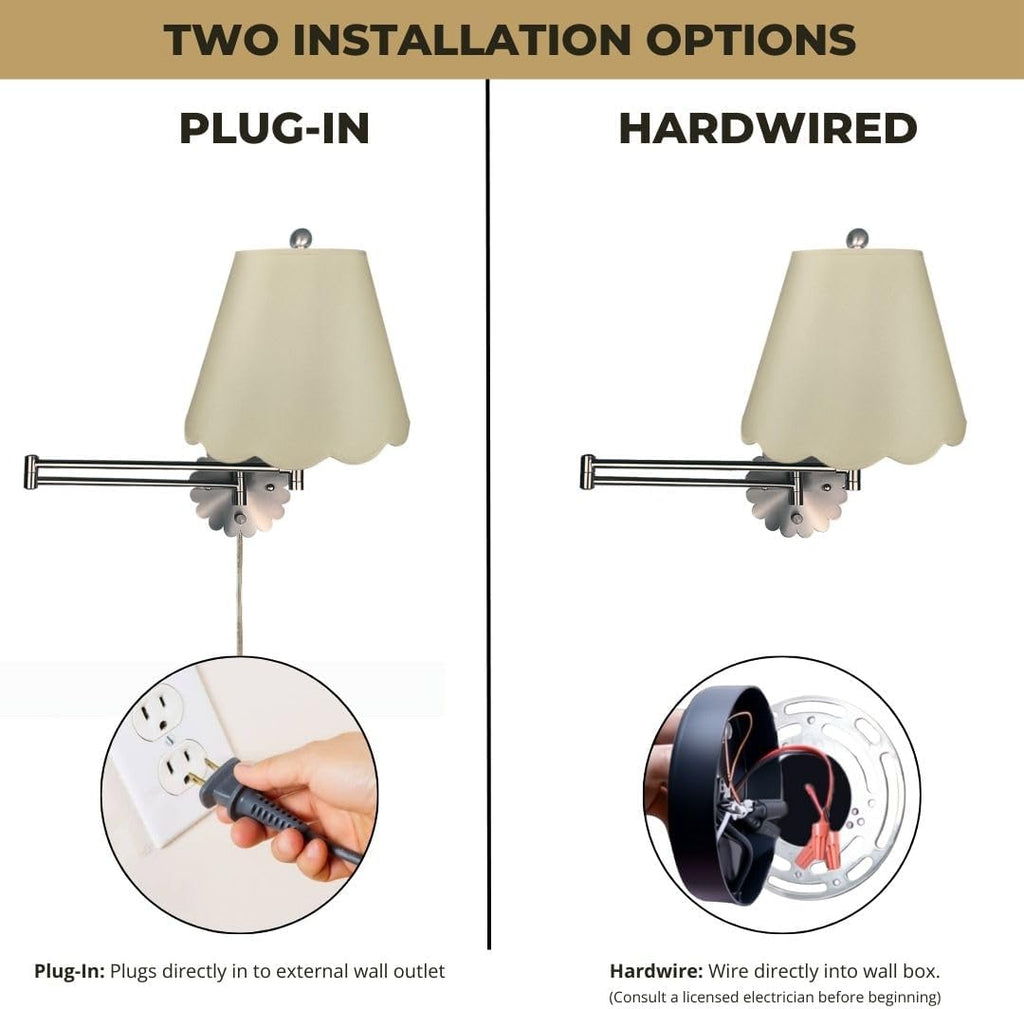 Royal Designs, Inc. Set of 2 Scalloped Swing-Arm Dimmable Wall Lamp - Brushed Nickel Lamp with Beige Scallop Hardback Lampshade