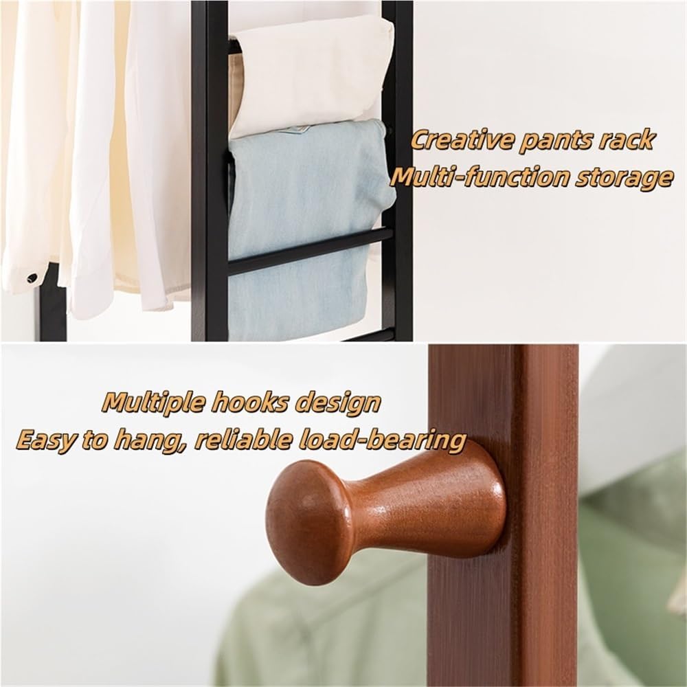 Bamboo Clothing Rack with Shelves and Side Hooks, Freestanding Garment Rack for Hanging Clothes, Floor-Standing Clothes Organizer for Bedroom or Living Room(Black)