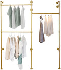 Wall Mounted Clothes Rack, Portable Vintage Rolling Coat Rack Heavy Duty Iron Pipe Garment Hanger Rustic Metal Garment Frame Industrial Pipe Clothing Display Rack for Living Room Bedroom (Gold)