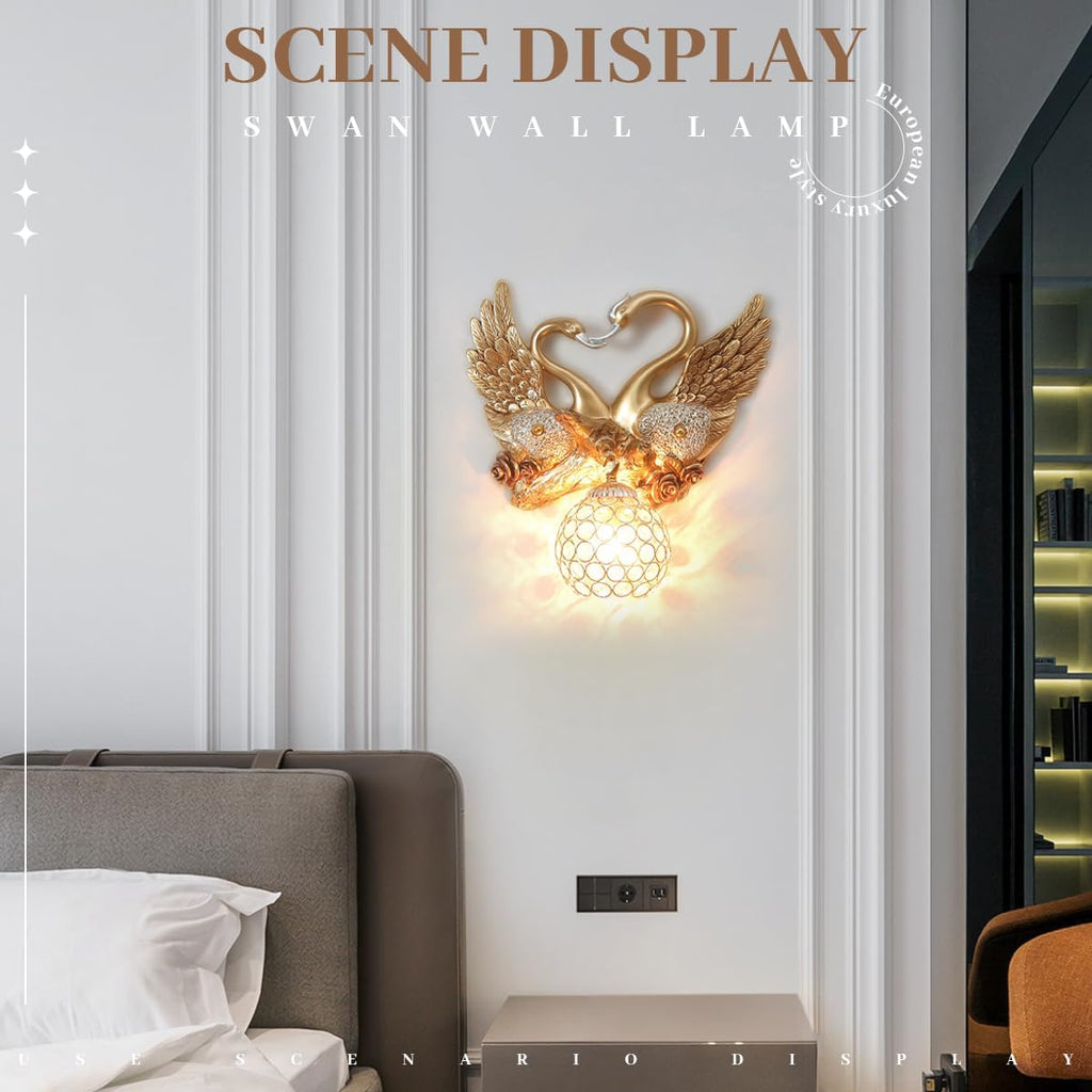 Gold Swan Wall Sconce, Modern Luxury Crystal Wall Lamp, Decorative Wall Lighting for Bedroom Living Room Hallway, Romantic Heart Shaped Wall Mounted Light Fixture, Resin Animal Wall Art Decor