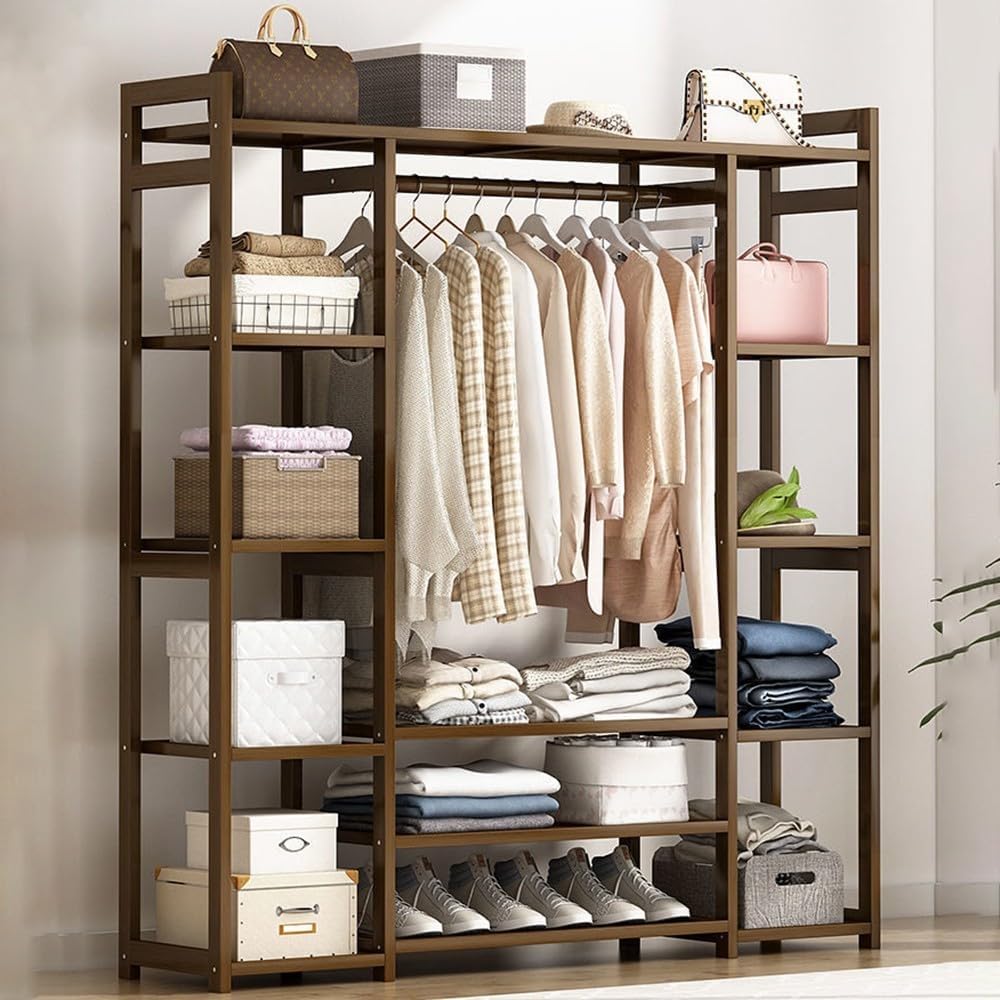 Bamboo Clothes Rack with Hanging Rail Storage Shelves and Compartments Freestanding Portable Closet and Garment Hanger for Bedroom and Entryway
