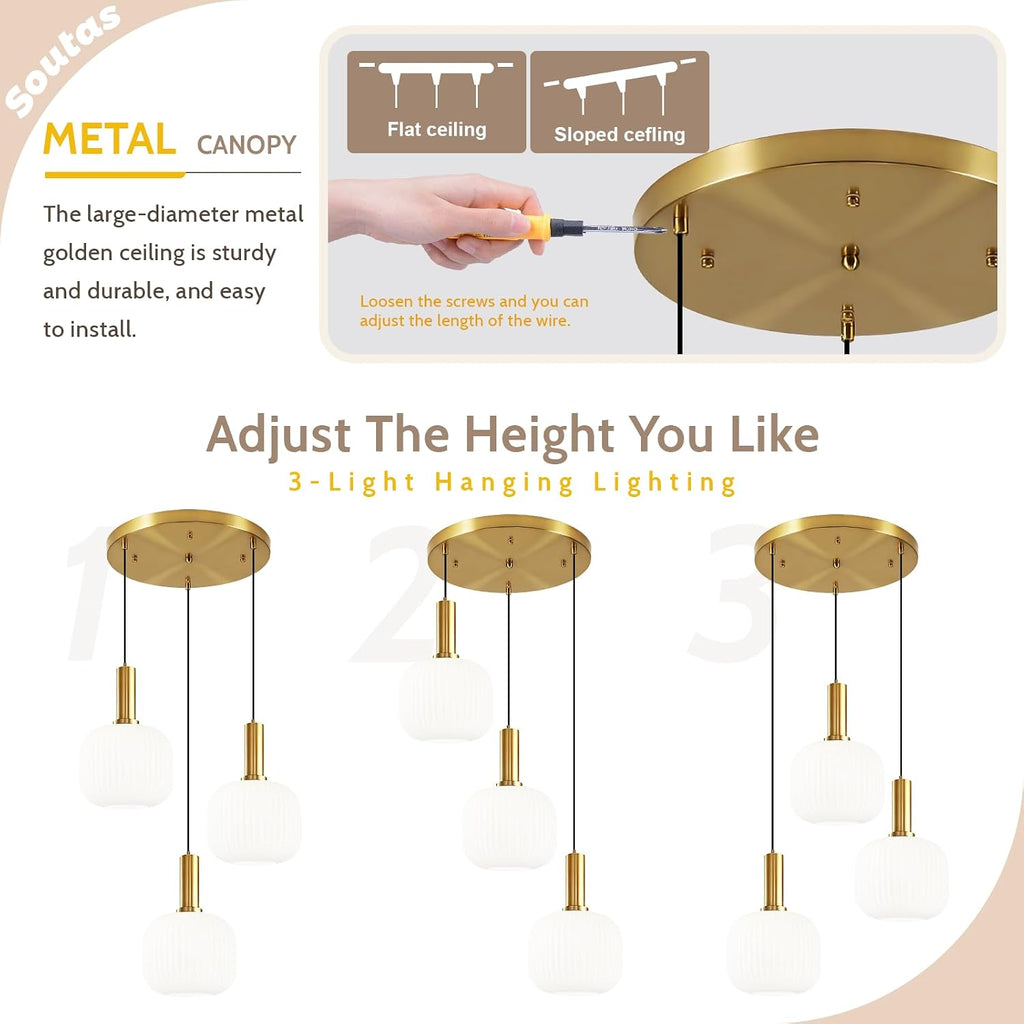 White Glass Pendant Light Fixtures 3-Light Cluster Ceiling Chandelier Milk Striped Globe Shade Adjustable Gold Hanging Light for Bedroom Kitchen Island