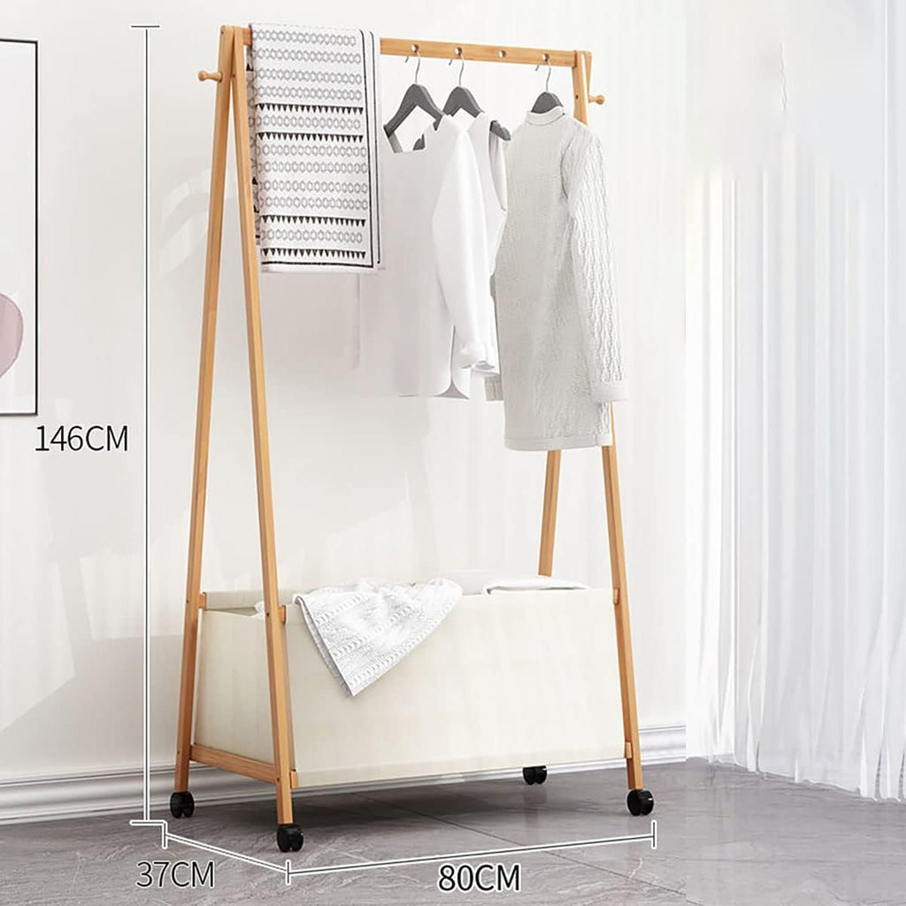 Foldable Clothes Hanging Rack, Bamboo Garment Rack On Wheels, for Bedroom Living Room, Space Saver,80 * 37 * 146cm