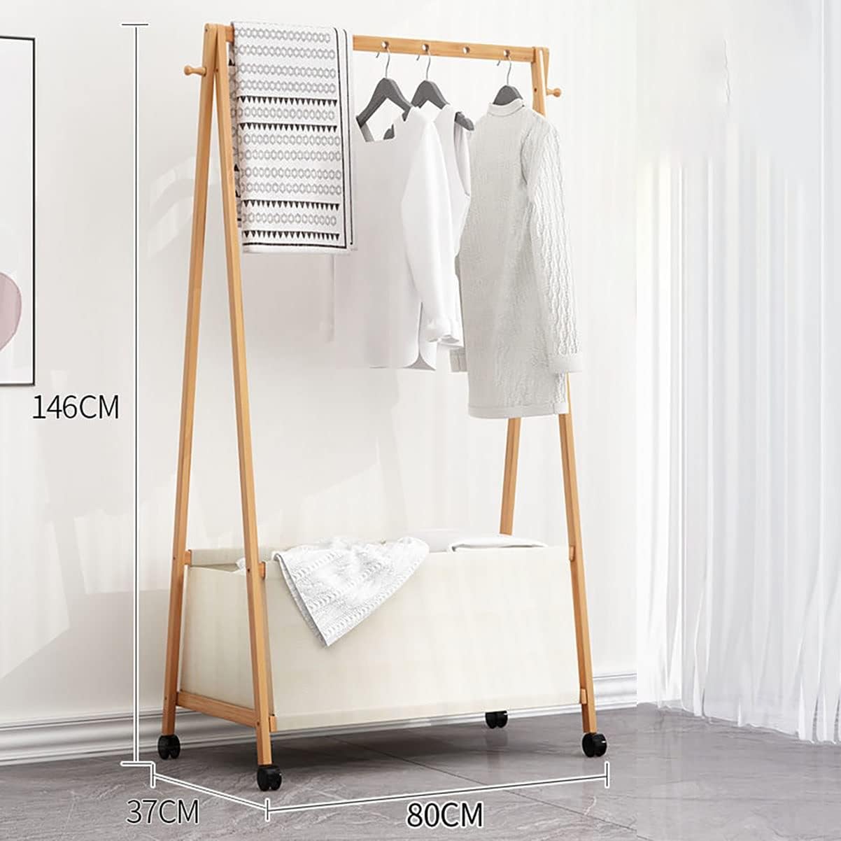 Foldable Clothes Hanging Rack, Bamboo Garment Rack On Wheels, for Bedroom Living Room, Space Saver,80 * 37 * 146cm