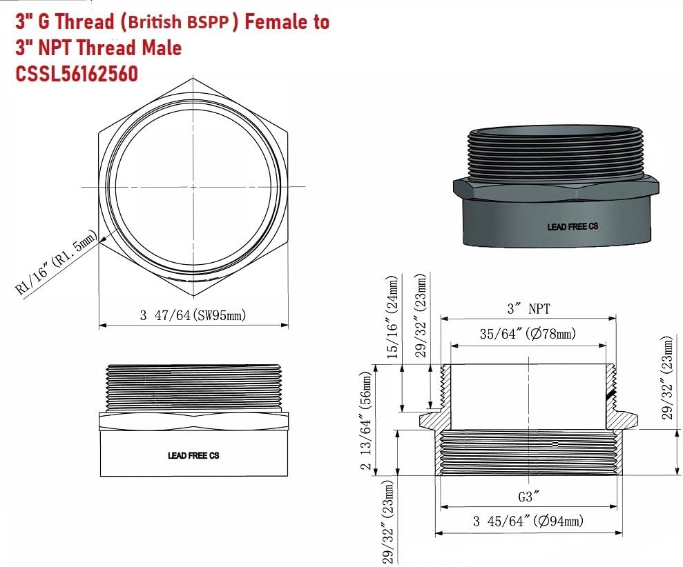 G Thread (British BSPP) Female to NPT Thread Male Pipe Fitting Adapter - Lead-Free Adapter (Four, 3 inch)