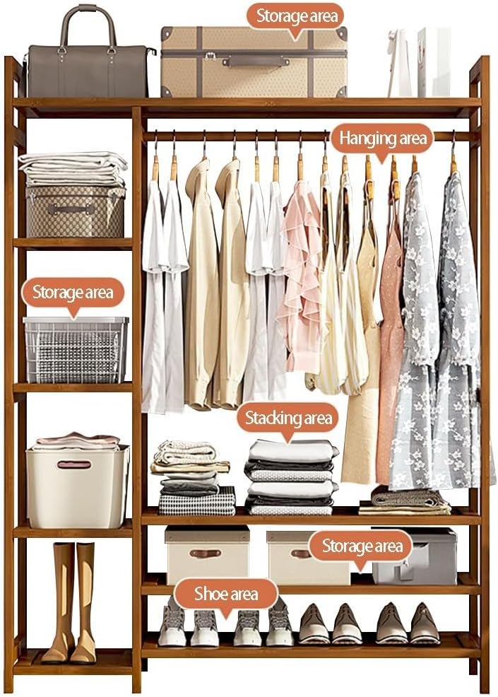 Floor-Standing Solid Wood Rotating Coat Rack，Natural Bamboo Freestanding Clothes Rack with Hanging Rod, 2 Shelves & Hooks – Stylish Garment Stand for Bedroom & Hallway Storage Solutions