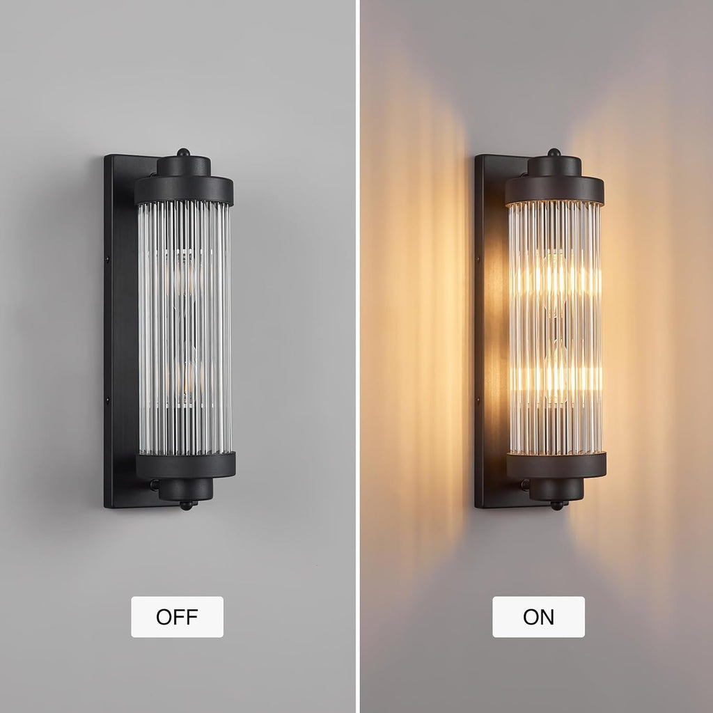 Black Wall Sconces Set of Two with Crystal Glass Strip Bathroom Sconces Modern Wall Lights for Bedroom Living Room Hallway Wall Light Fixtures, 2 Light E12 Base