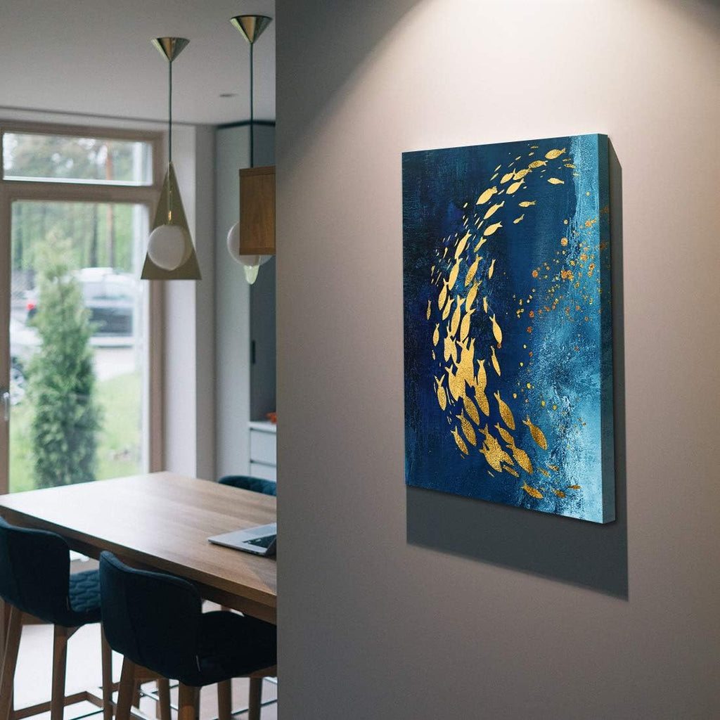 Denzoer Blue Ocean and shoal of Fish Abstract Wall Art Modern Canvas Prints with Solid Wood Frame Wall Pictures for Home Decoration, Ready to Hang - 36x46 inches