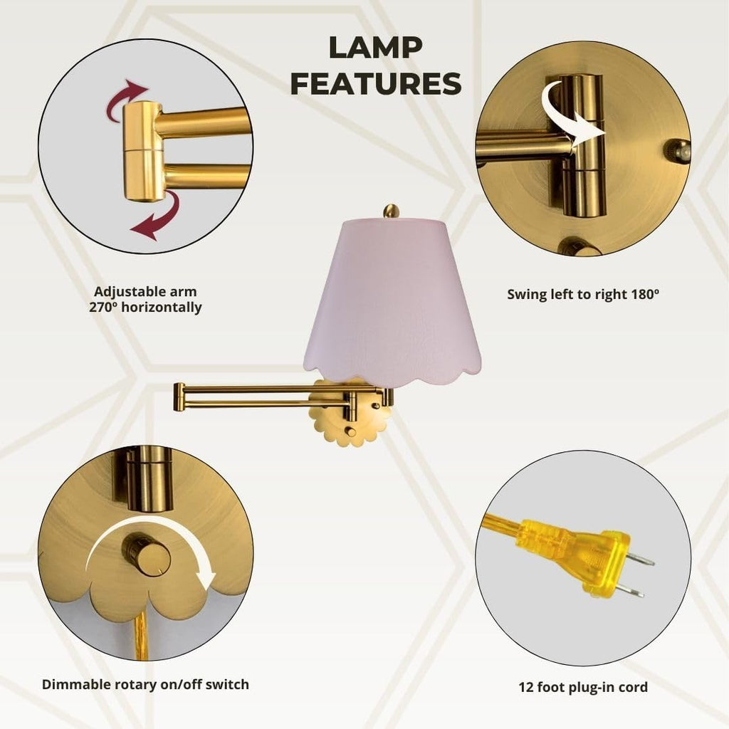Royal Designs, Inc. Set of 2 Scalloped Swing-Arm Dimmable Wall Lamp - Brushed Satin Brass Lamp with Pink Scallop Hardback Lampshade