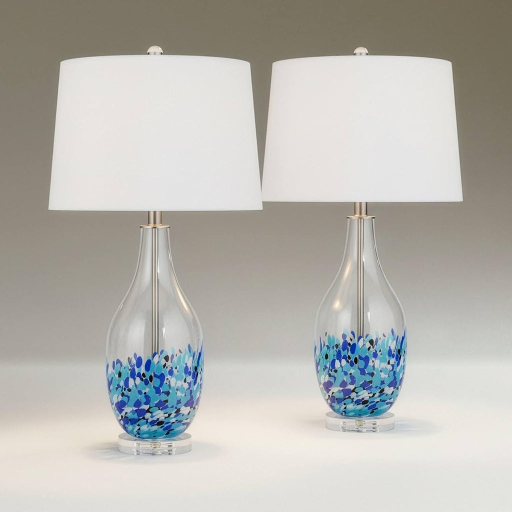 Marnie 27 3/4' Tall Curved Modern Coastal Table Lamps Set of 2 Blue Art Glass Fabric White Shade Living Room Bedroom Bedside Nightstand House Office Home Reading (Colors May Vary) - 360 Lighting