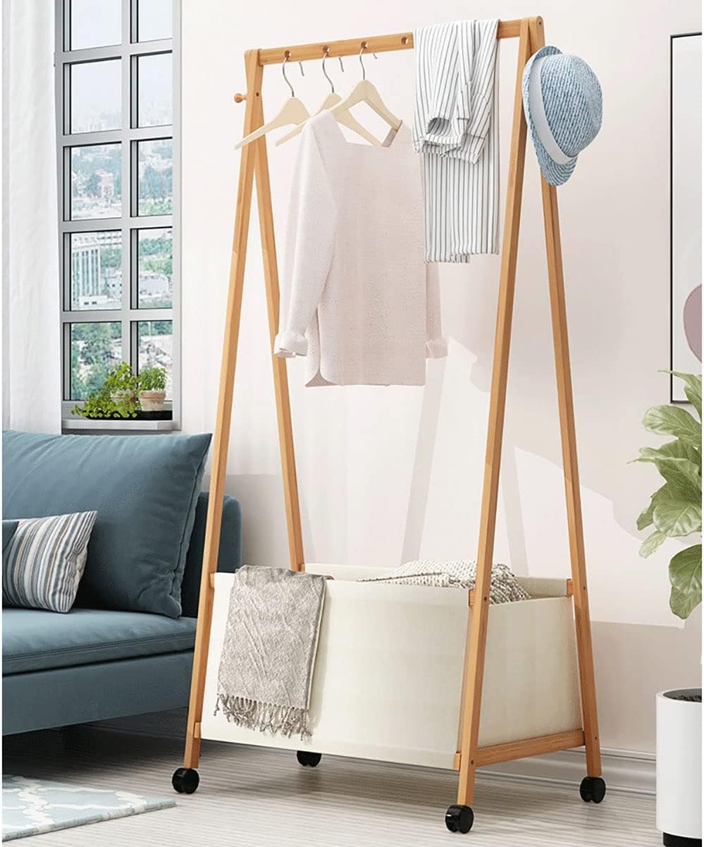 Foldable Clothes Hanging Rack, Bamboo Garment Rack On Wheels, for Bedroom Living Room, Space Saver,90 * 37 * 146cm