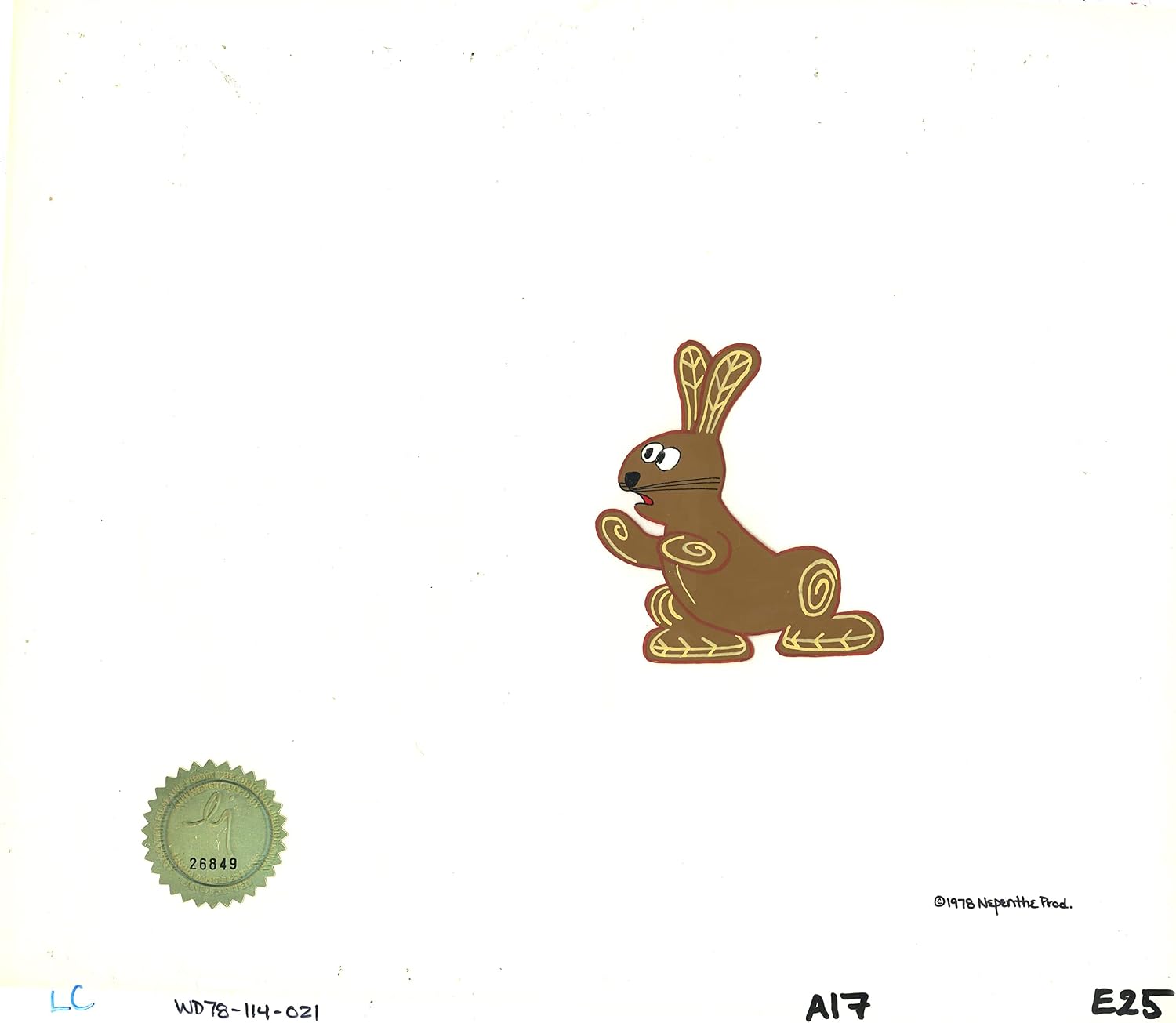 Watership Down Opening Fable El-ahrairah 1978 Production Animation Cel with LJE Seal and COA 114-021