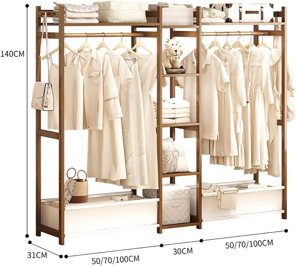 Bamboo Garment Rack with 5 Shelves Free Standing Hanging Rails for Clothes Shoes Hats Bedroom Storage nizer Max Load 100kg