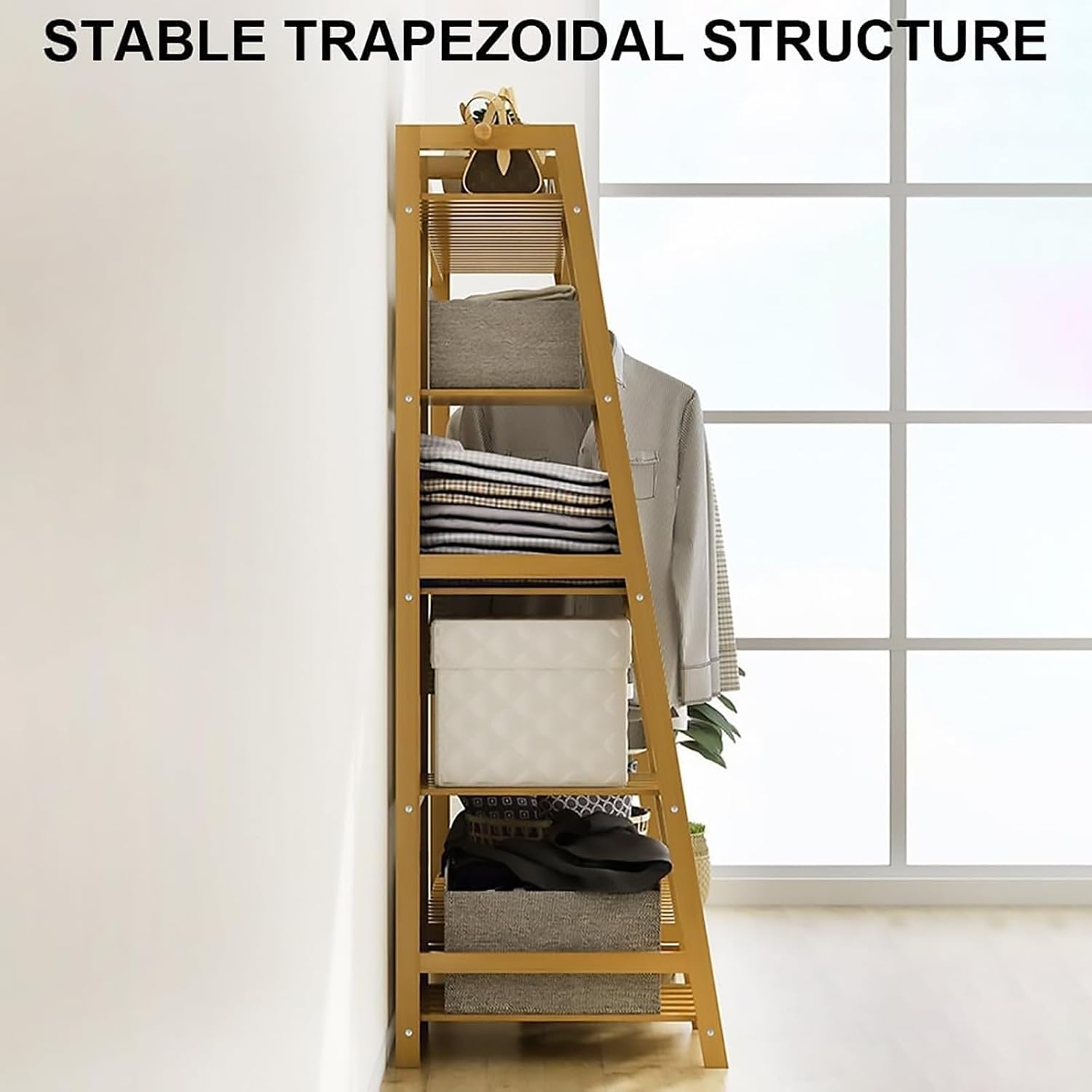 Bamboo Garment Rack for Hanging Clothes, 5 Tiers Clothing Rack, Free Standing Clothes Coat Hanger Closet Organizer with Shoe Rack,Portable Wardrobe for Living Room Bedroom, Brown