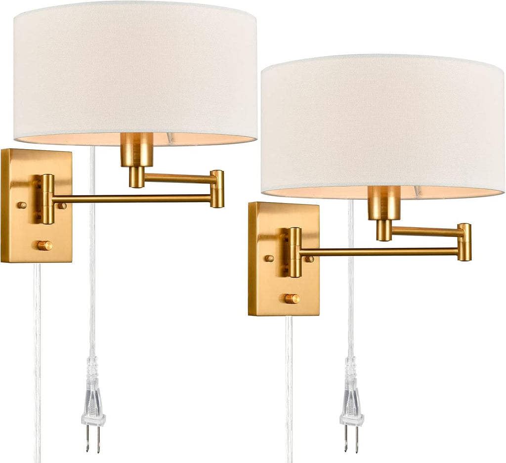 Gold Plug in Wall Sconces Set of Two Brass Swing Arm Wall Lamp Hardwired Wall Sconce with Switch for Bedroom Living Room