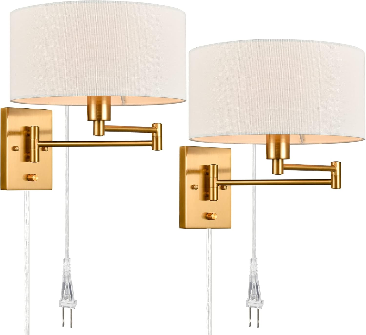 Gold Plug in Wall Sconces Set of Two Brass Swing Arm Wall Lamp Hardwired Wall Sconce with Switch for Bedroom Living Room