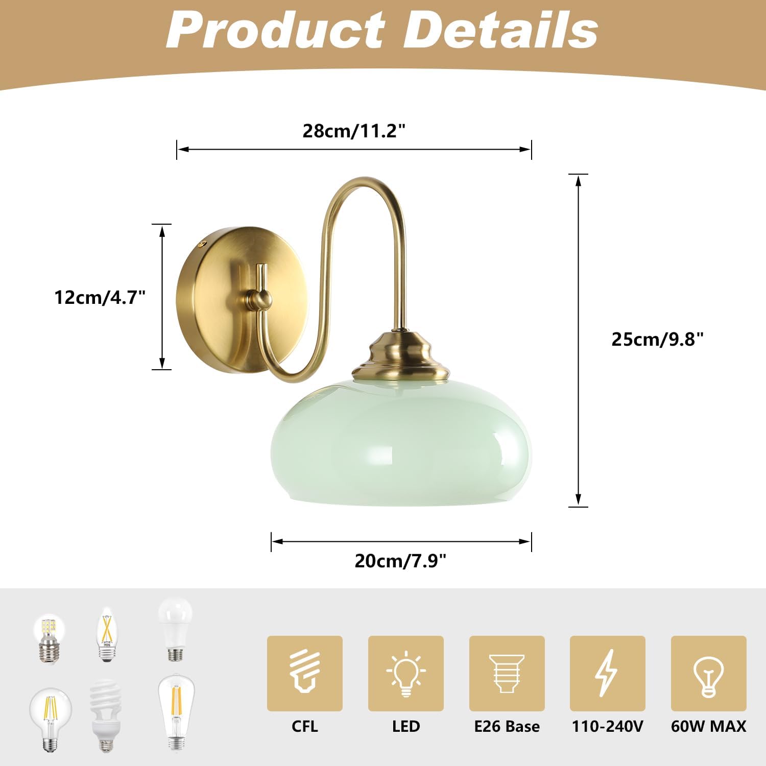 KCO Lighting Vintage Green Wall Sconces Light Set of Two Gold Globe Wall Sconce Mid Century Modern Bathroom Vanity Light Fixture Brass Indoor Wall Sconce Light Fixture (2 Pack)