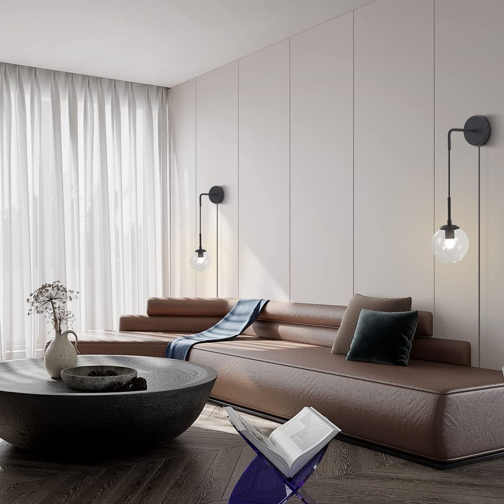 BOKT Mid Century Modern Black Wall Sconce Light Set of Two Plug in Clear Glass Globe Ball Wall Lighting Set of 2 Minimalist Vanity Bathroom Wall Light Lamp Plug in Cord (Clear)