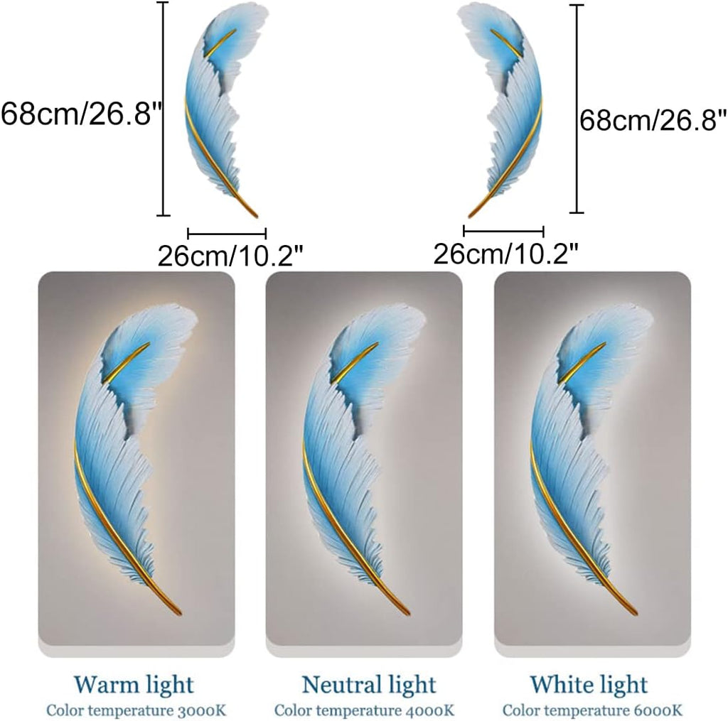 Dimmable Wall Lamp Set of 2 LED Wall Mount Light Fixtures Blue Feather Design Mid-Century Modern Feather Wall Lamp for Bedroom Living Dining Room Hallway