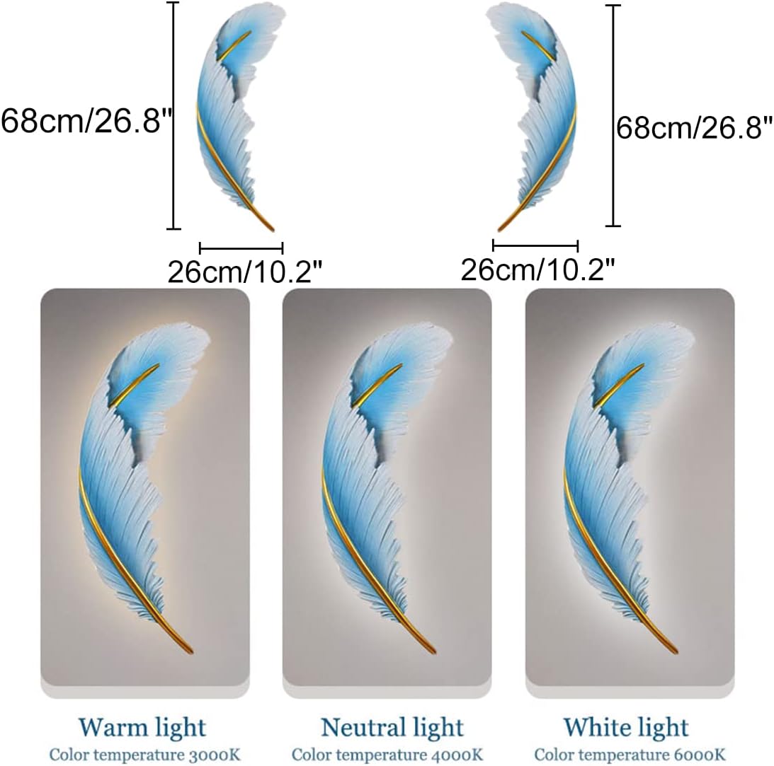 Dimmable Wall Lamp Set of 2 LED Wall Mount Light Fixtures Blue Feather Design Mid-Century Modern Feather Wall Lamp for Bedroom Living Dining Room Hallway