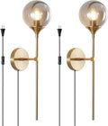 BOKT Mid Century Smoke Glass Bathroom Wall Light Plug in Set of 2 Brushed Brass Gold Long Globe Wall Sconce Lighting Plug in Cord Set of Two Industrial Wall Lamp (Smoke Gray-Plug in)