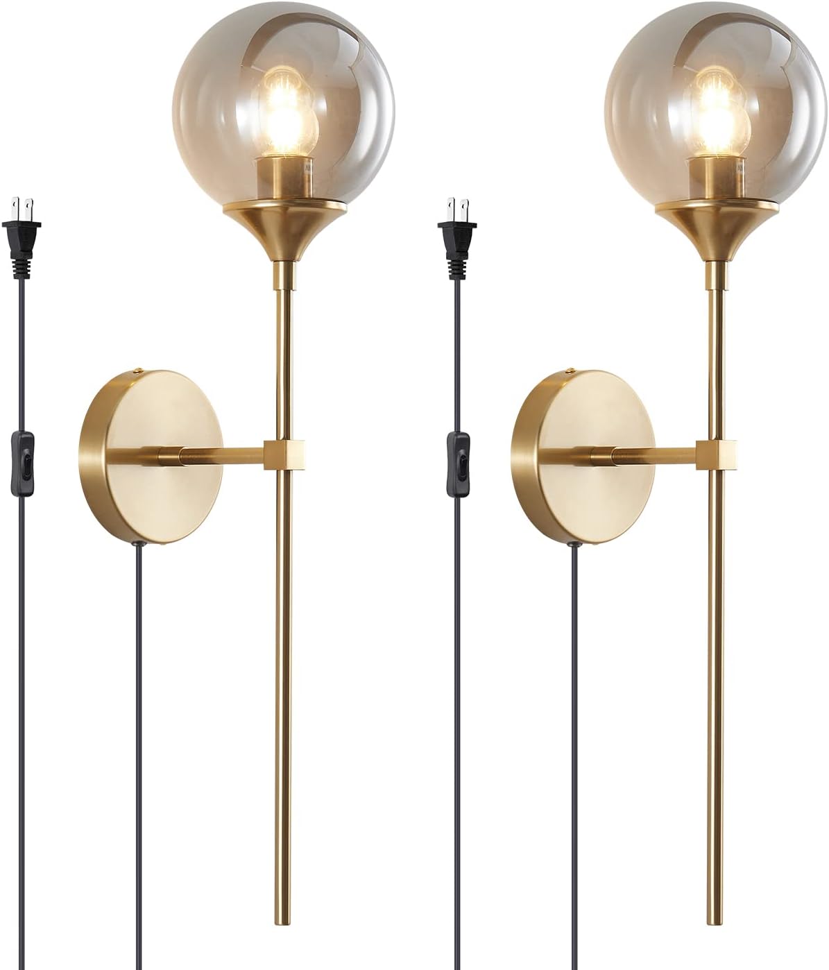 BOKT Mid Century Smoke Glass Bathroom Wall Light Plug in Set of 2 Brushed Brass Gold Long Globe Wall Sconce Lighting Plug in Cord Set of Two Industrial Wall Lamp (Smoke Gray-Plug in)