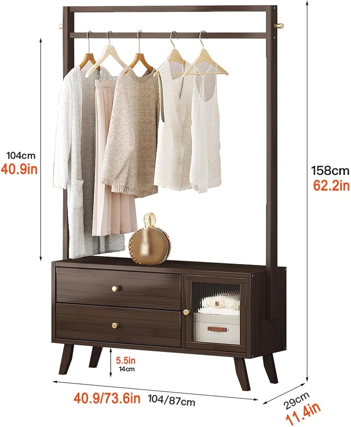 Multi-Functional Bamboo Hanging Rack with 2-Tier Drawers and Acrylic Door - Heavy Duty Clothes Organizer for Home Entryway, Bedroom, and Living Room(104cm)