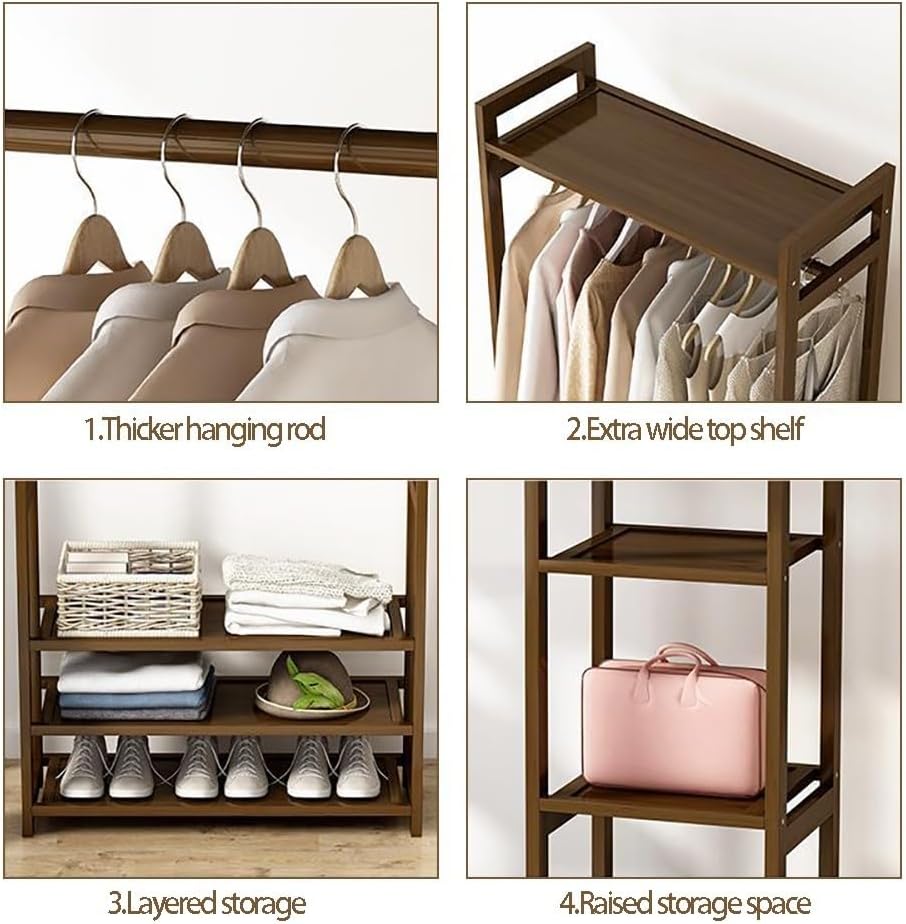 Bamboo Coat Stand with Storage Shelves and Compartments Portable Clothes Rack for Bedroom and Entryway