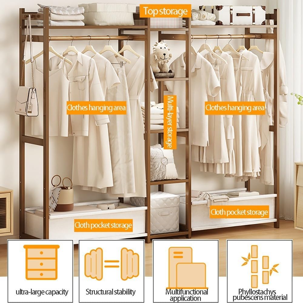 Bamboo Garment Rack with 5 Shelves Free Standing Hanging Rails for Clothes Shoes Hats Bedroom Storage nizer Max Load 100kg