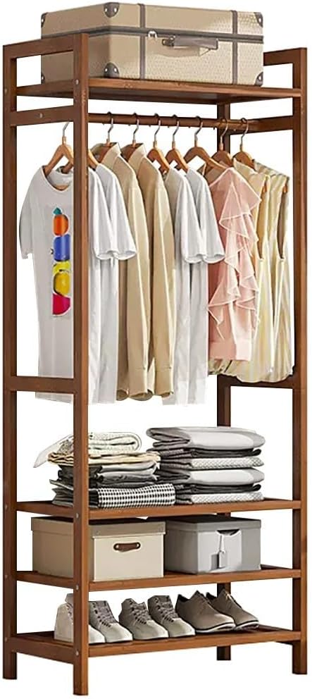 Freestanding Bamboo Clothes Rail with Hanging Rod, 2 Shelves & Hooks - Open Wardrobe Garment nizer for Bedroom, Hallway, Natural Wood Storage Solution