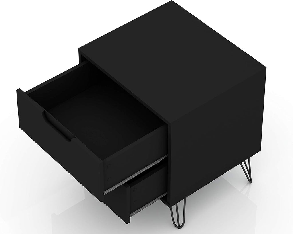 Manhattan Comfort Rockefeller Nightstand with Drawers, Mid Century Modern Bedside Table, Minimalist Display and Storage Organizer, Ideal for Bedroom and Living Room, Black