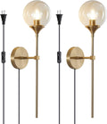 BOKT Brushed Gold Plug in Wall Sconce Set of 2 Mid Century Modern Long Globe Wall Sconce Light with Plug in Cord Amber Glass Bathroom Vanity Light Fixture (Amber-Plug in)